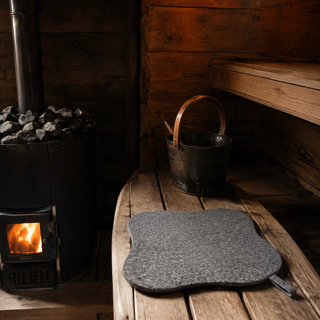 Wool sauna bench pad on cedar sauna bench with sauna bucket and stove in background