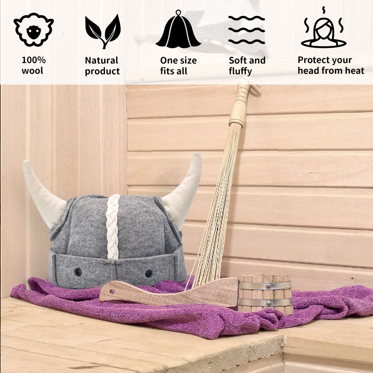 Viking Sauna Hat — 100% Wool Banya Hat with Horns | Halsa
