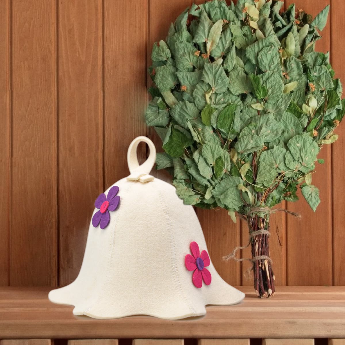 Halsa Floral Wool Sauna Hat lifestyle photo - sauna hat for men and women