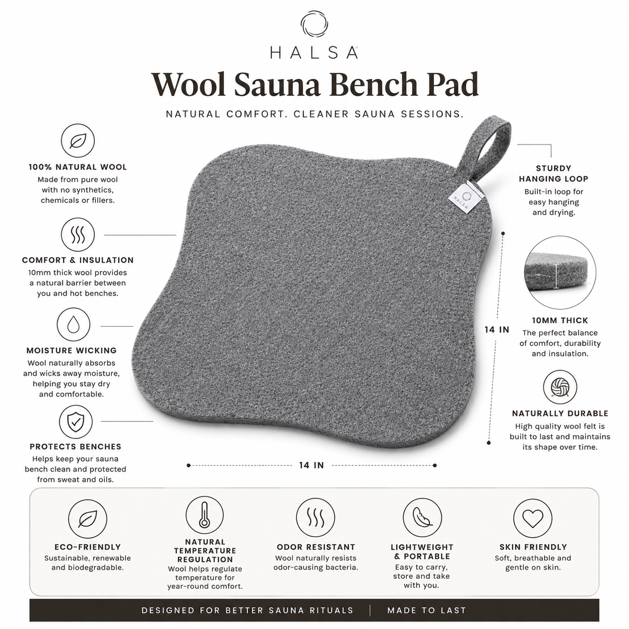 Wool sauna bench pad top-down view showing rounded corners and hang loop