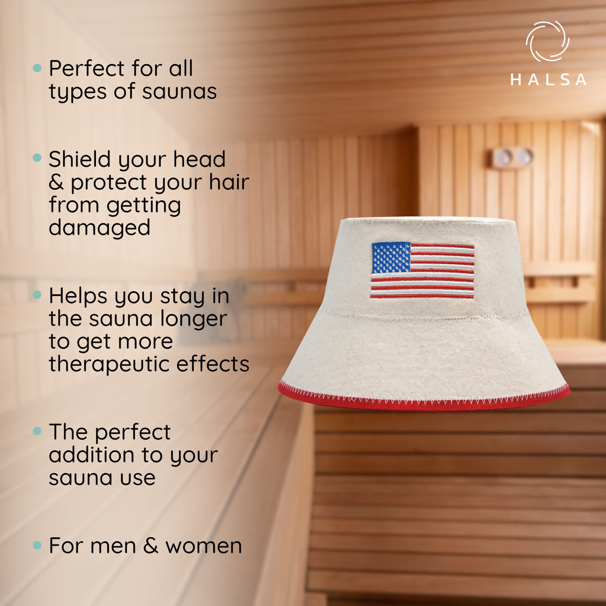 Halsa USA Flag Wool Sauna Hat top view - breathable wool construction