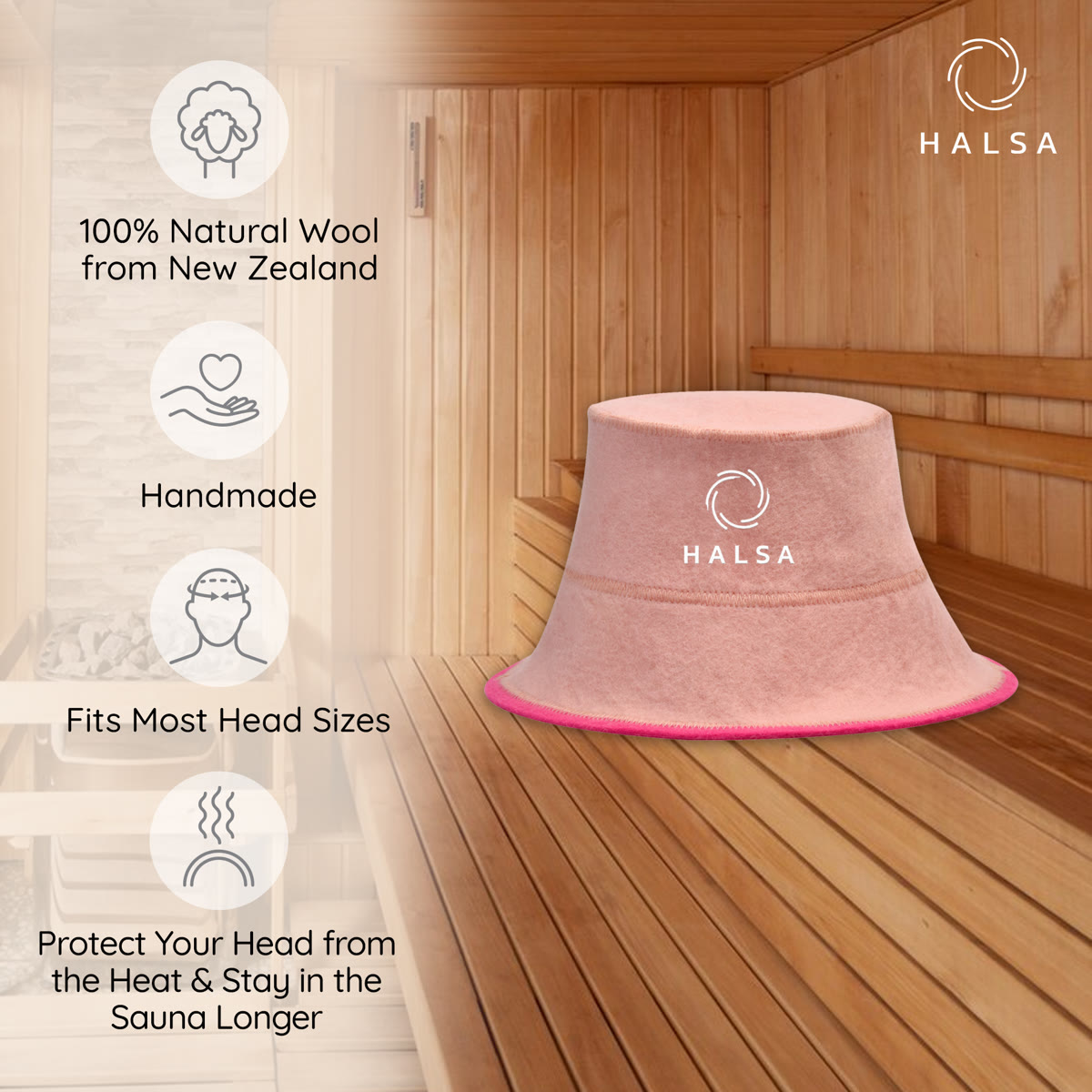 Halsa Pink Bucket Wool Sauna Hat top view - breathable wool construction