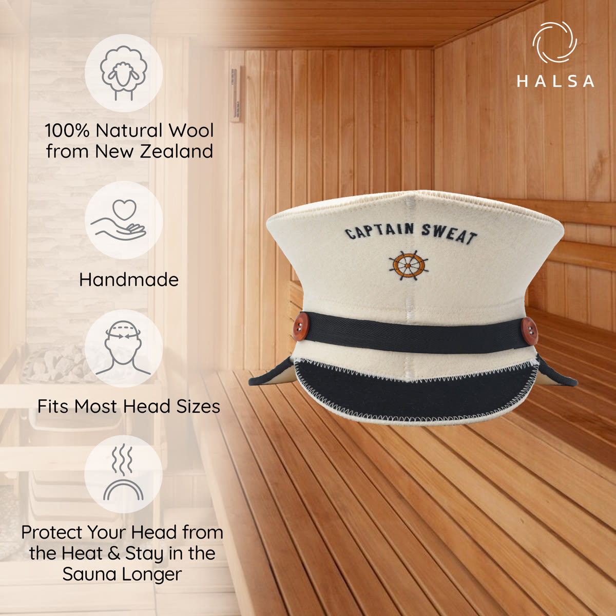 Halsa Captain Wool Sauna Hat front view - protects hair from sauna heat