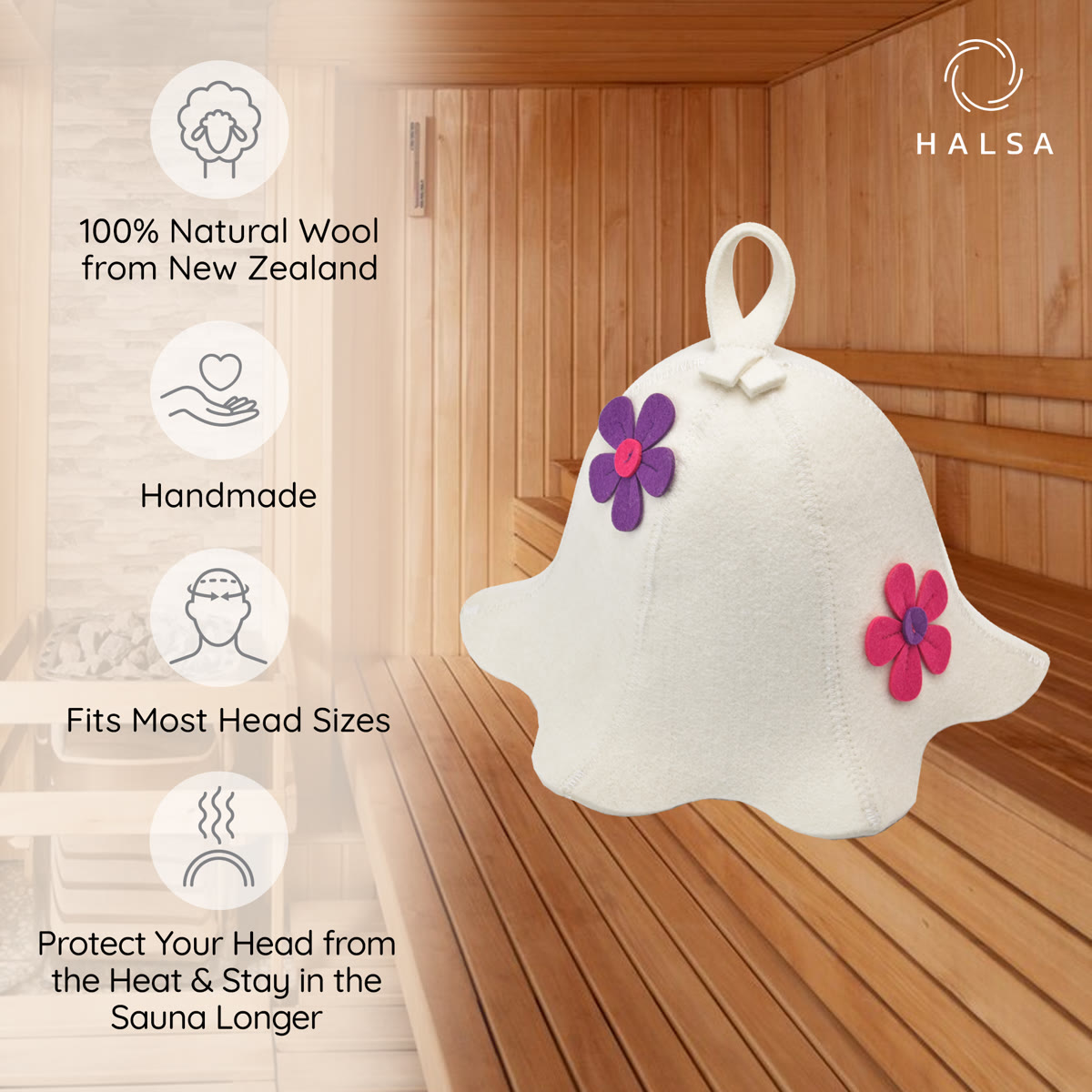 Halsa Floral Wool Sauna Hat front view - protects hair from sauna heat