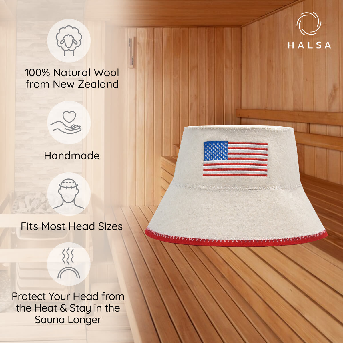 Halsa USA Flag Wool Sauna Hat front view - protects hair from sauna heat