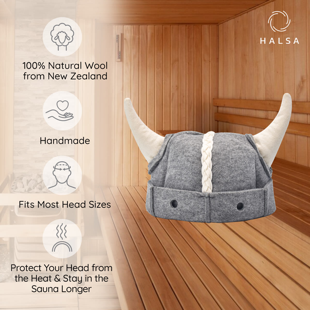 Halsa Viking Wool Sauna Hat front view - protects hair from sauna heat
