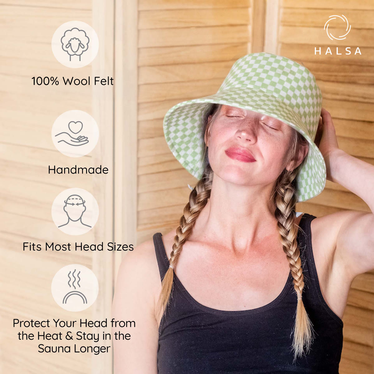 Halsa Green Checkered Wool Sauna Hat front view - protects hair from sauna heat