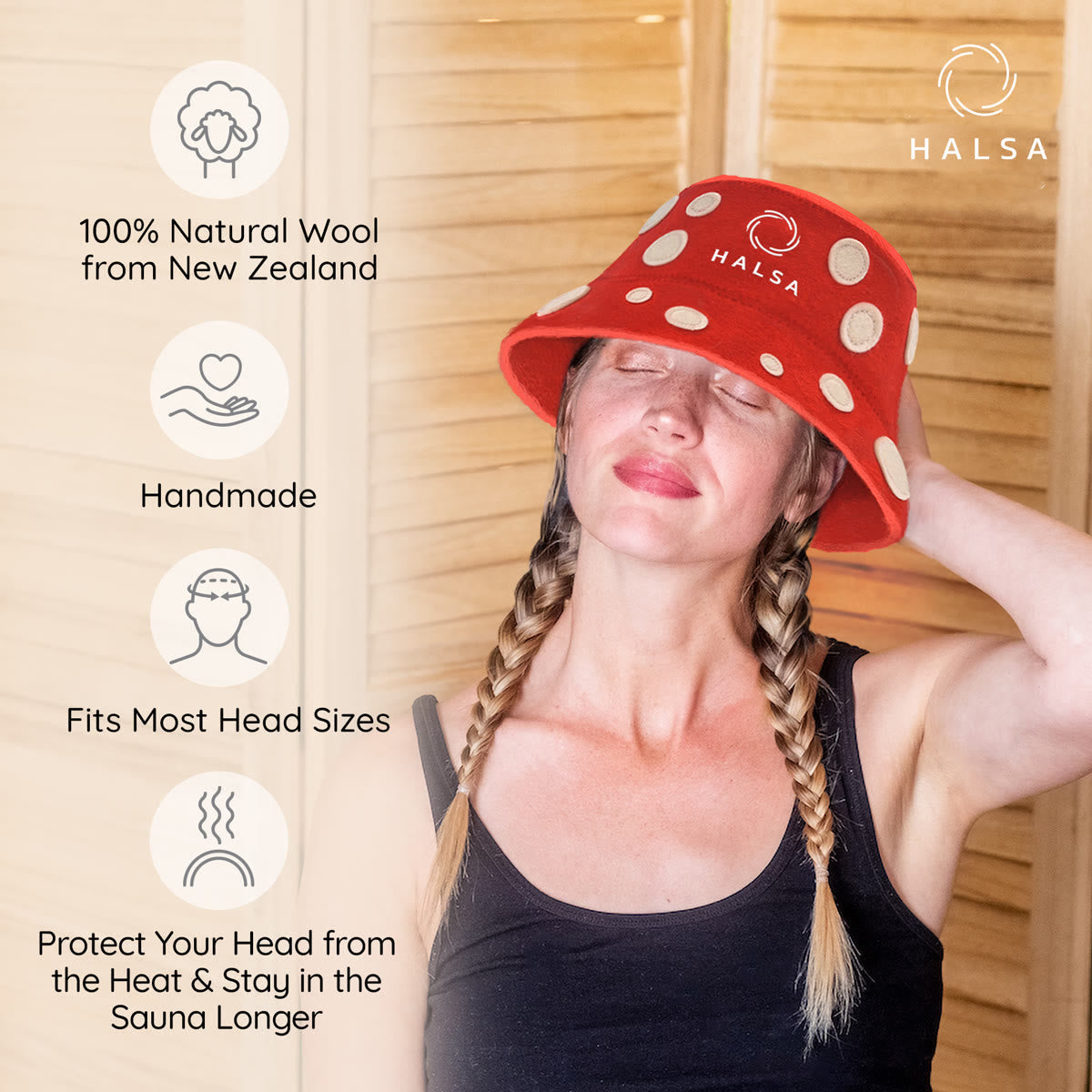Halsa Mushroom Wool Sauna Hat front view - protects hair from sauna heat