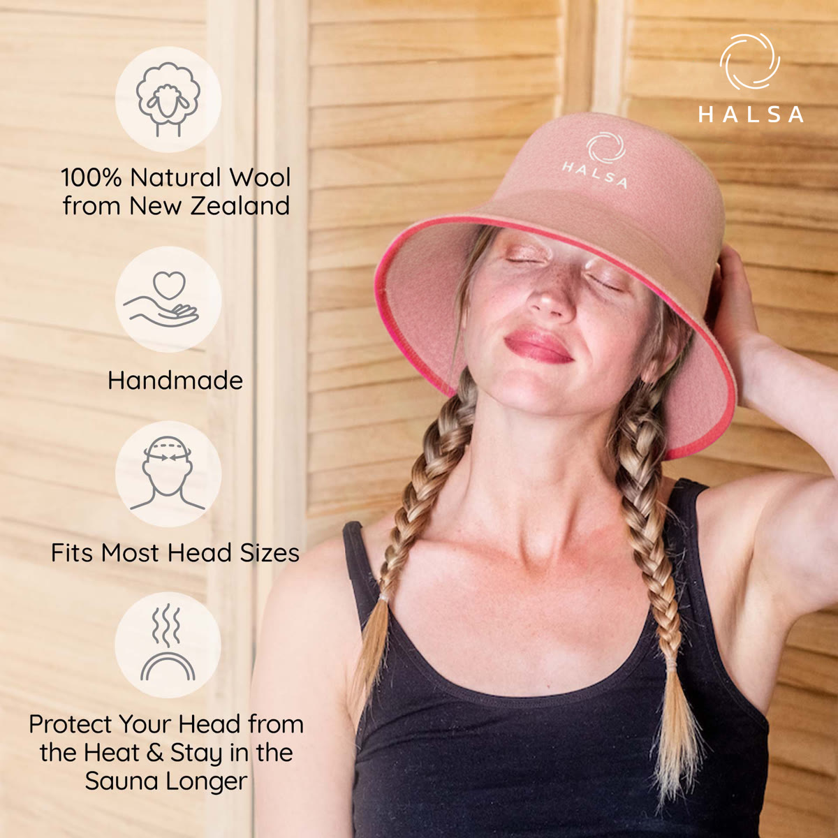 Halsa Pink Bucket Wool Sauna Hat front view - protects hair from sauna heat