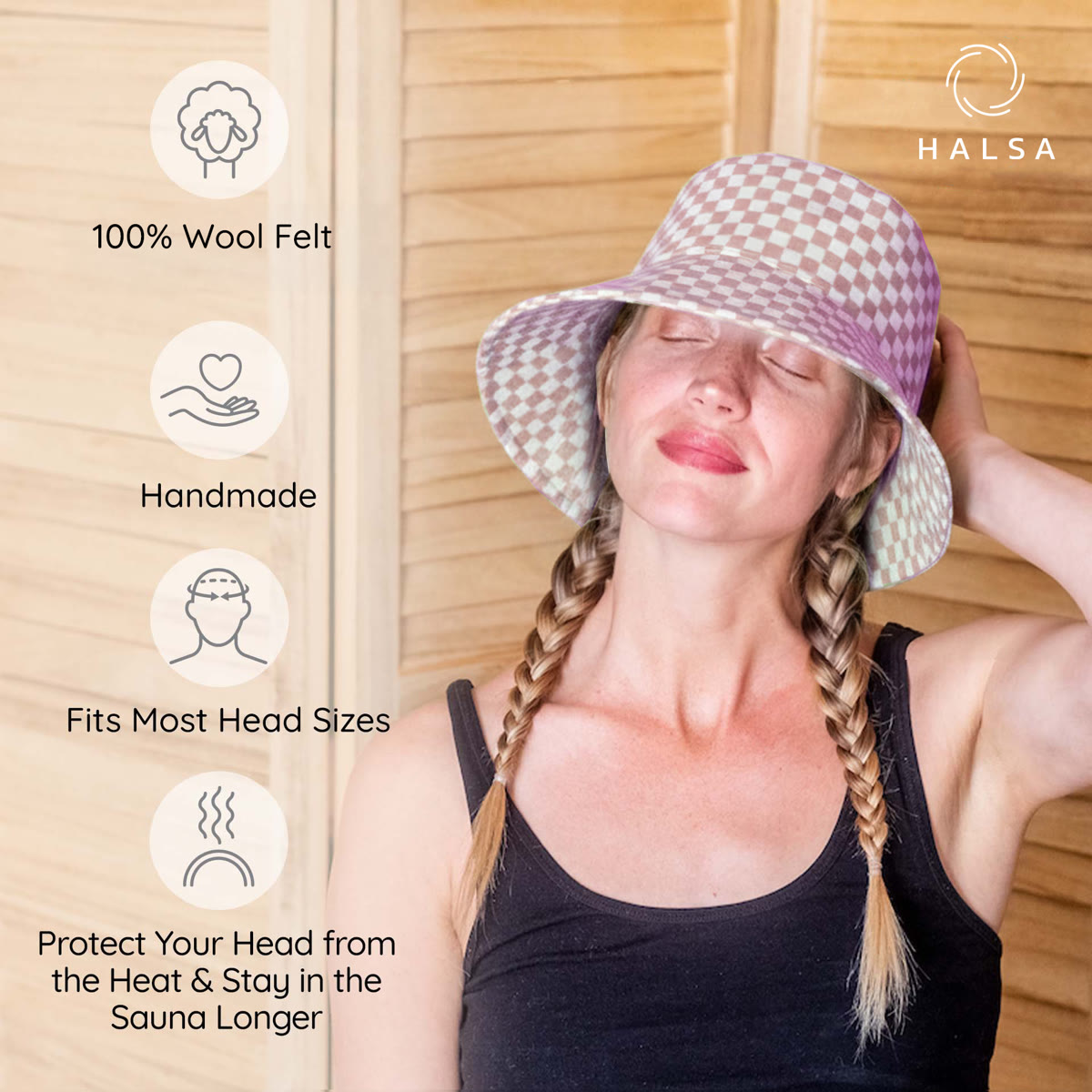 Halsa Pink Checkered Wool Sauna Hat front view - protects hair from sauna heat