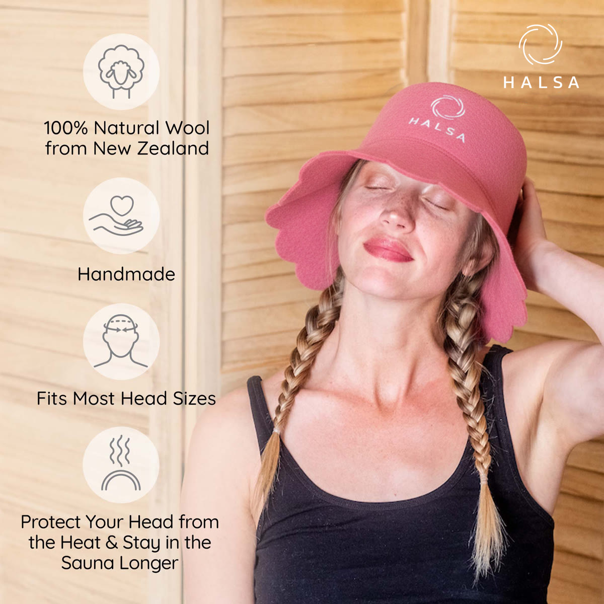 Halsa Pink Scalloped Wool Sauna Hat front view - protects hair from sauna heat