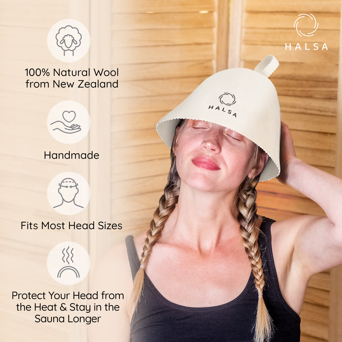 Halsa Merino Wool Wool Sauna Hat front view - protects hair from sauna heat