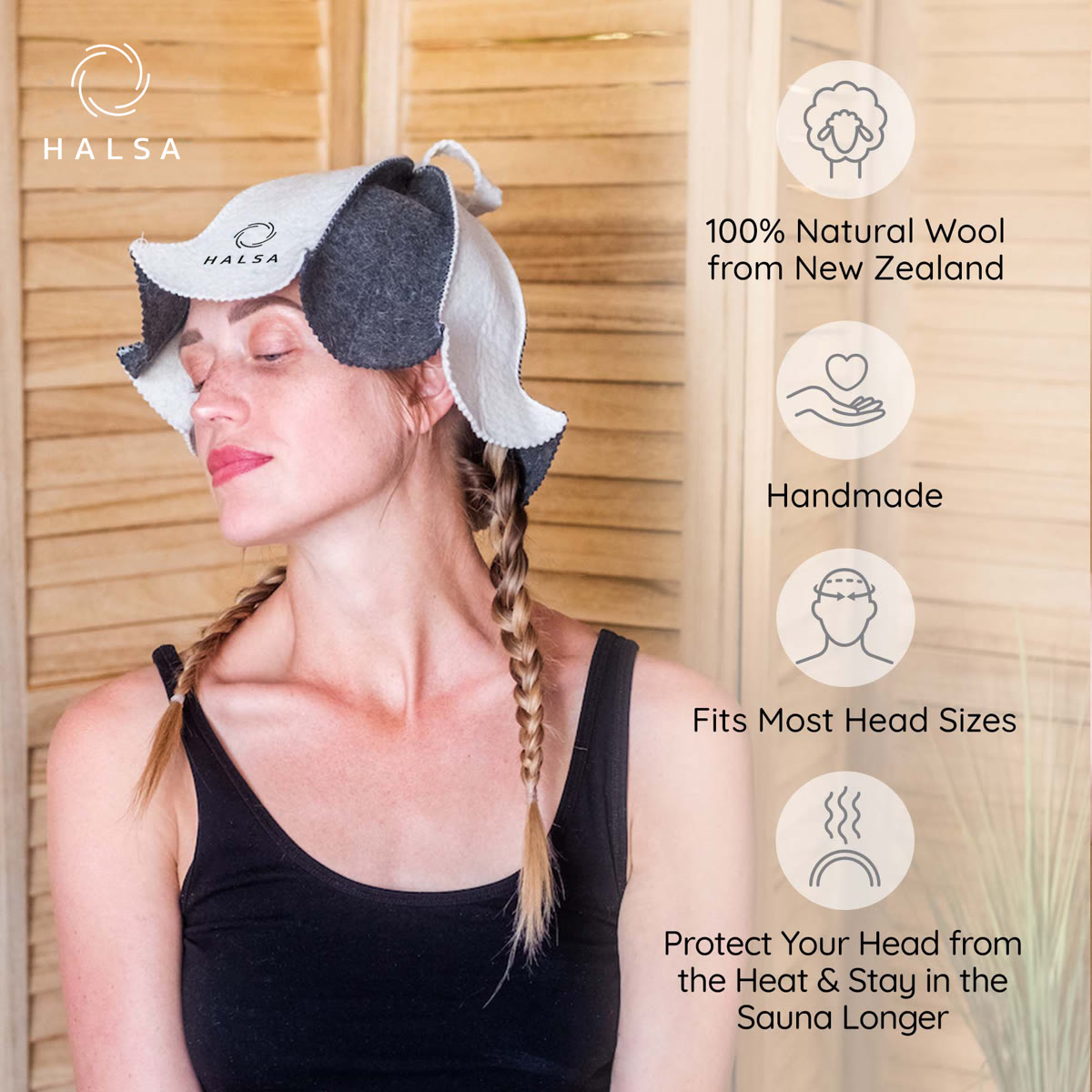 Halsa Foldable Wool Sauna Hat front view - protects hair from sauna heat