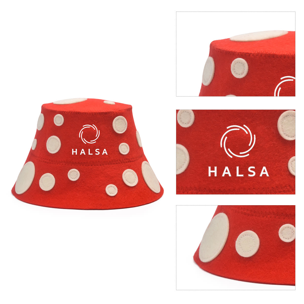 Halsa Mushroom Wool Sauna Hat detail shot - handcrafted wool felt design