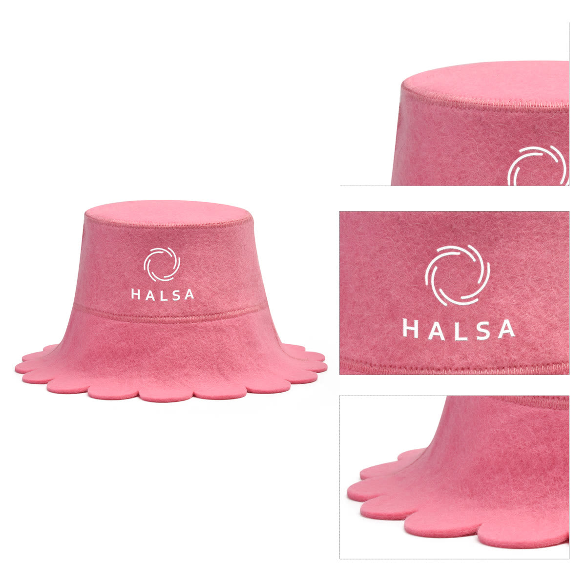 Halsa Pink Scalloped Wool Sauna Hat detail shot - handcrafted wool felt design