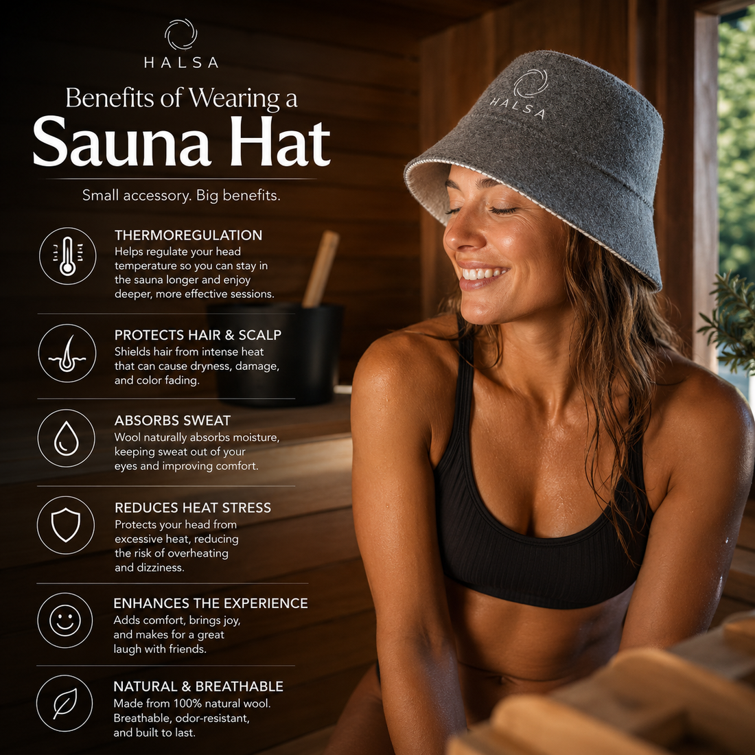 Halsa Bucket Wool Sauna Hat - 100% natural wool for heat protection