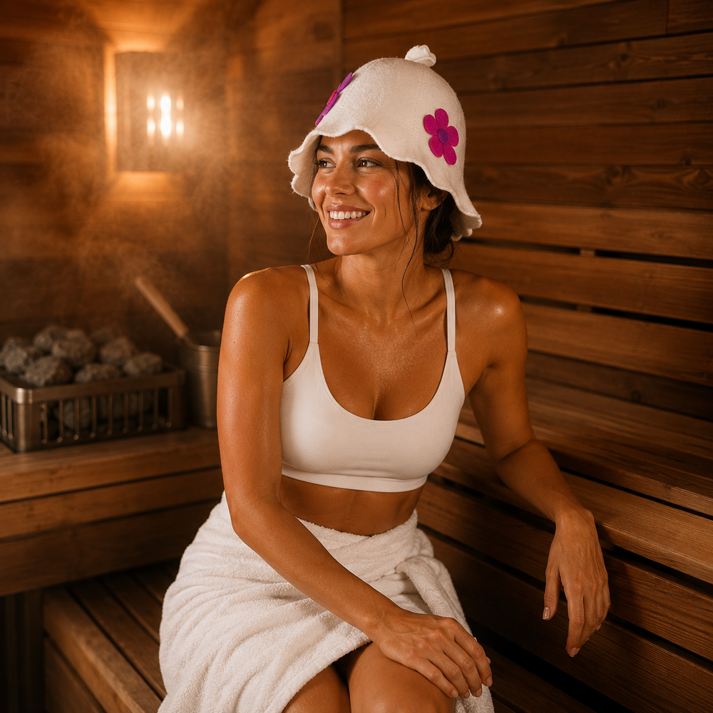 Floral Sauna Hat — Natural Wool Design | Halsa