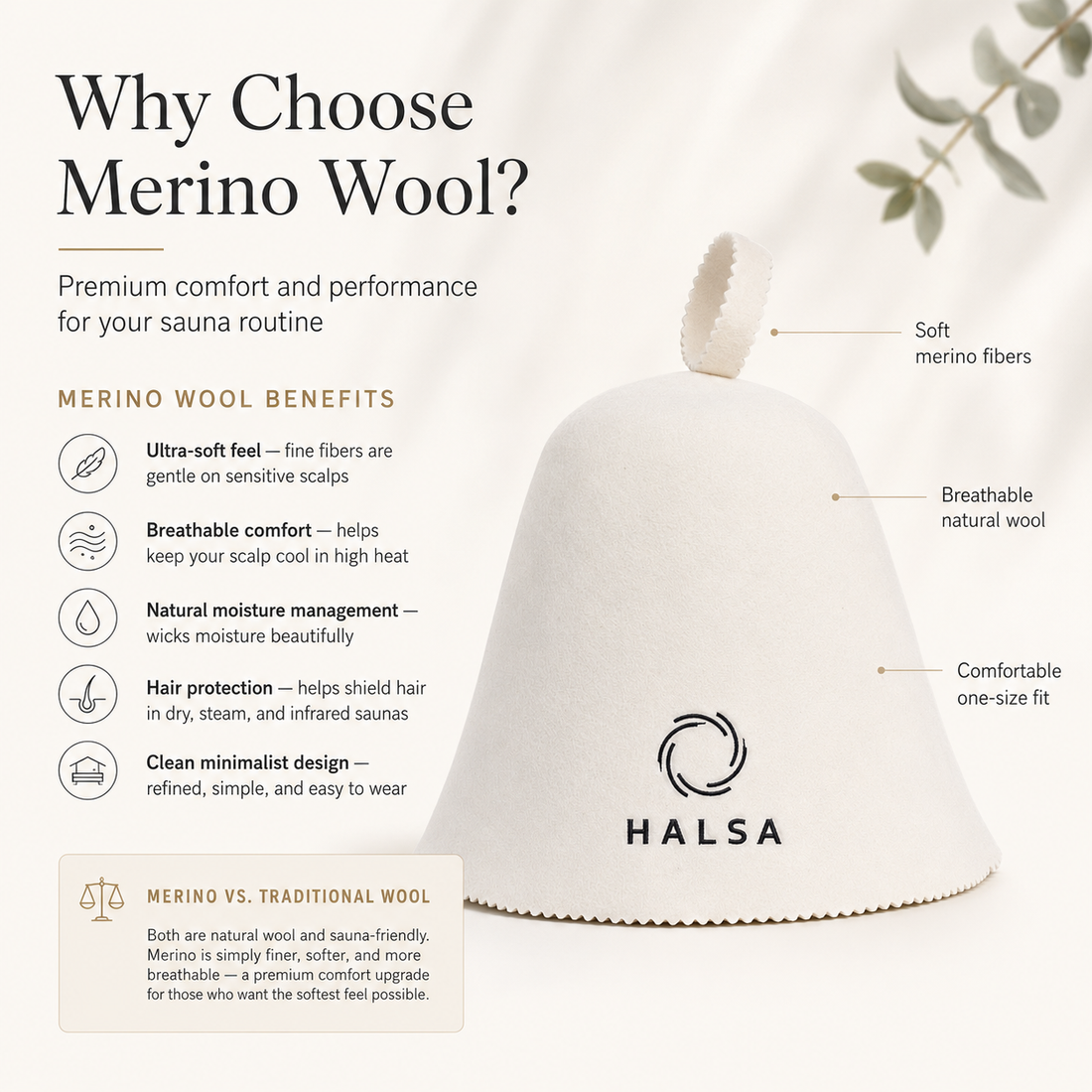 Halsa Merino Wool Wool Sauna Hat - 100% natural wool for heat protection