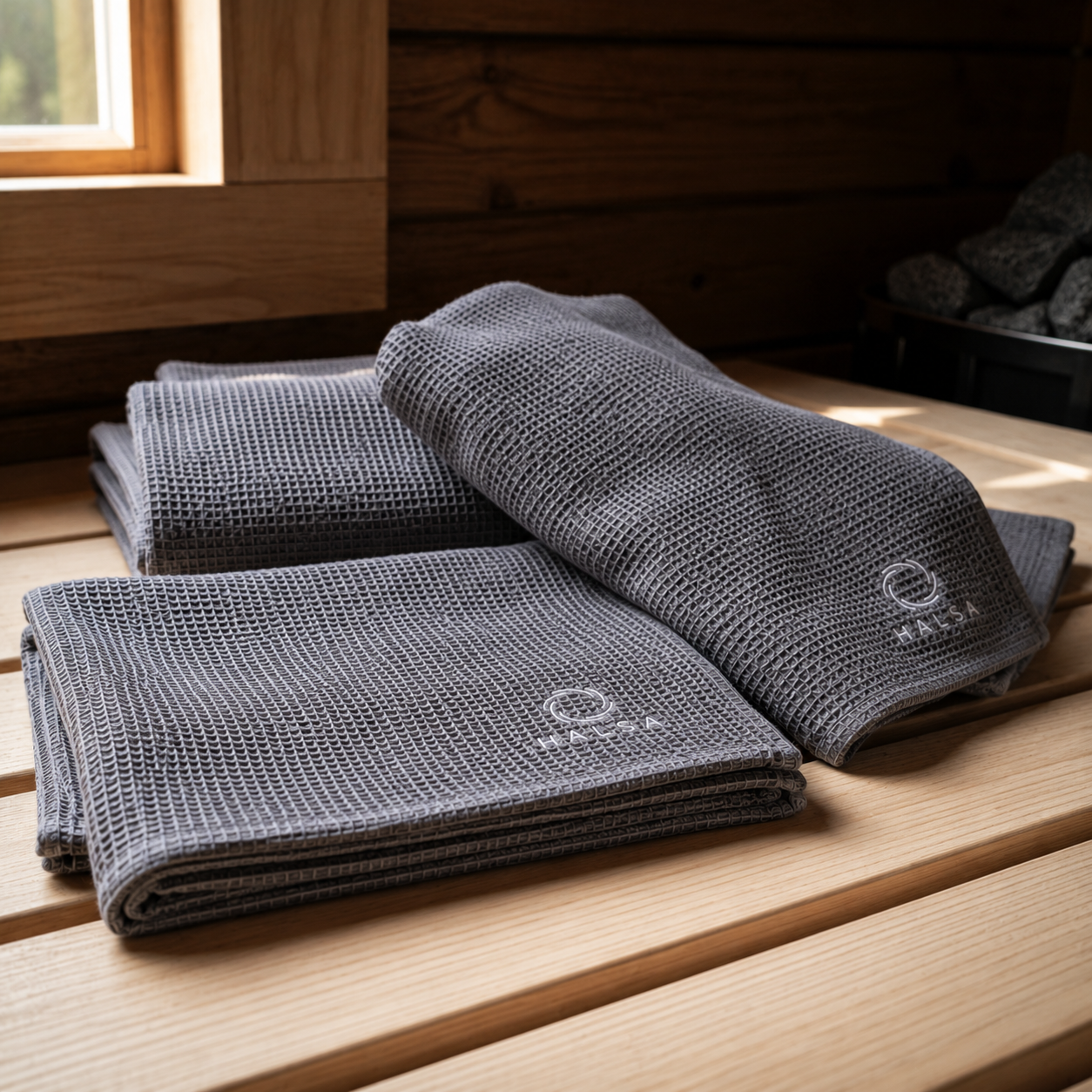 Two Halsa Waffle Sauna Towels folded on a light wood sauna bench with cedar walls and a heater with sauna rocks in the background