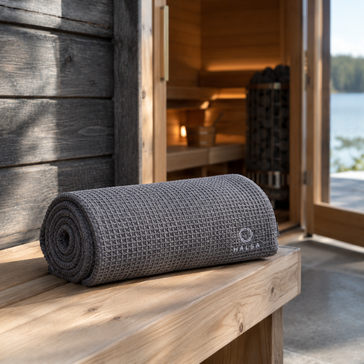 Halsa Waffle Sauna Towel rolled up on a wooden bench outside a lakeside cedar barrel sauna at dusk