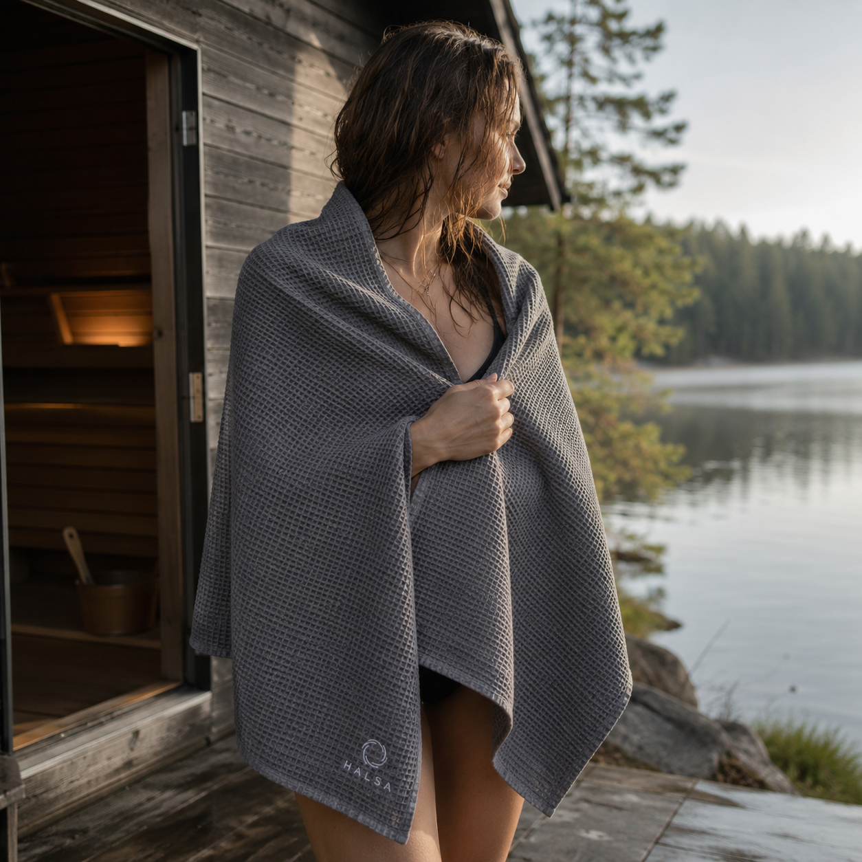 Woman wrapped in a Halsa grey waffle cotton sauna towel standing outside a lakeside sauna at sunrise