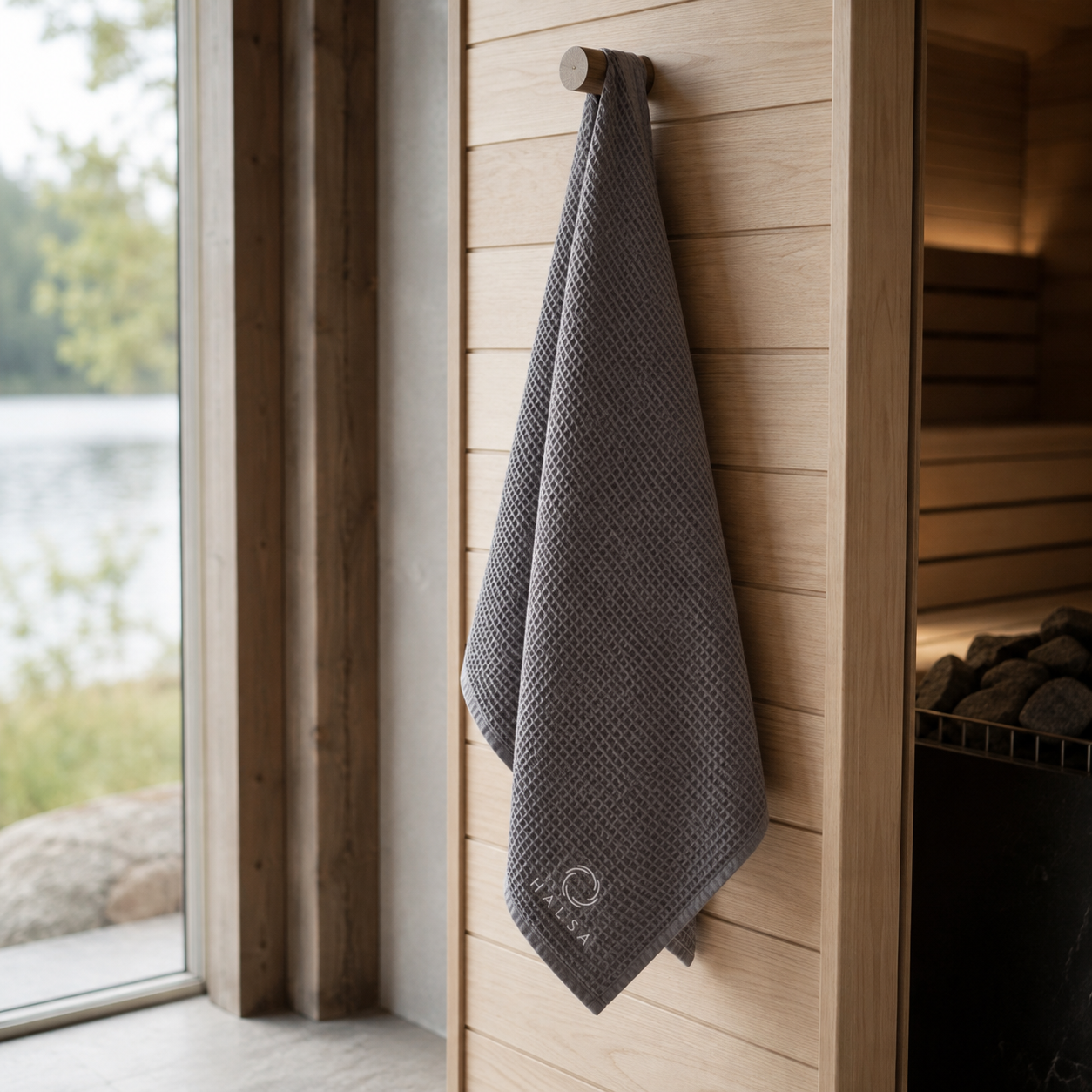 Halsa Waffle Sauna Towel hanging by its integrated cotton loop from a wooden peg inside a bright Nordic sauna with a lake view
