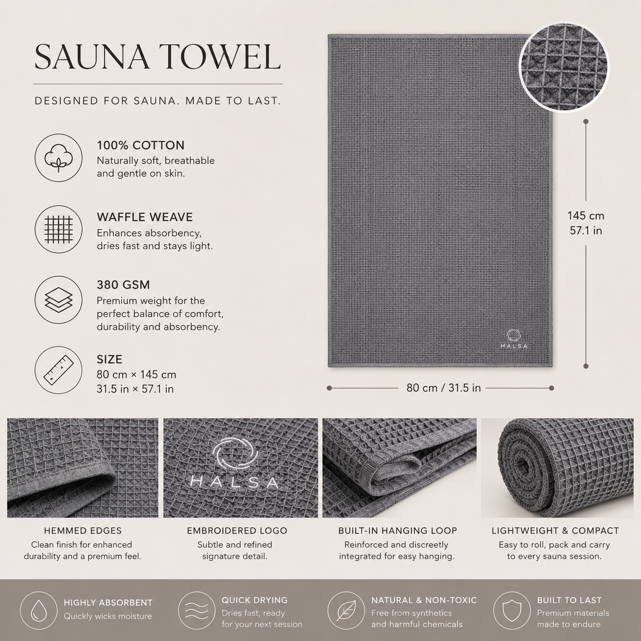 Halsa Sauna Towel spec sheet infographic showing 100% cotton, waffle weave, 380 GSM, 80 x 145 cm dimensions, hemmed edges, embroidered logo, and built-in hanging loop