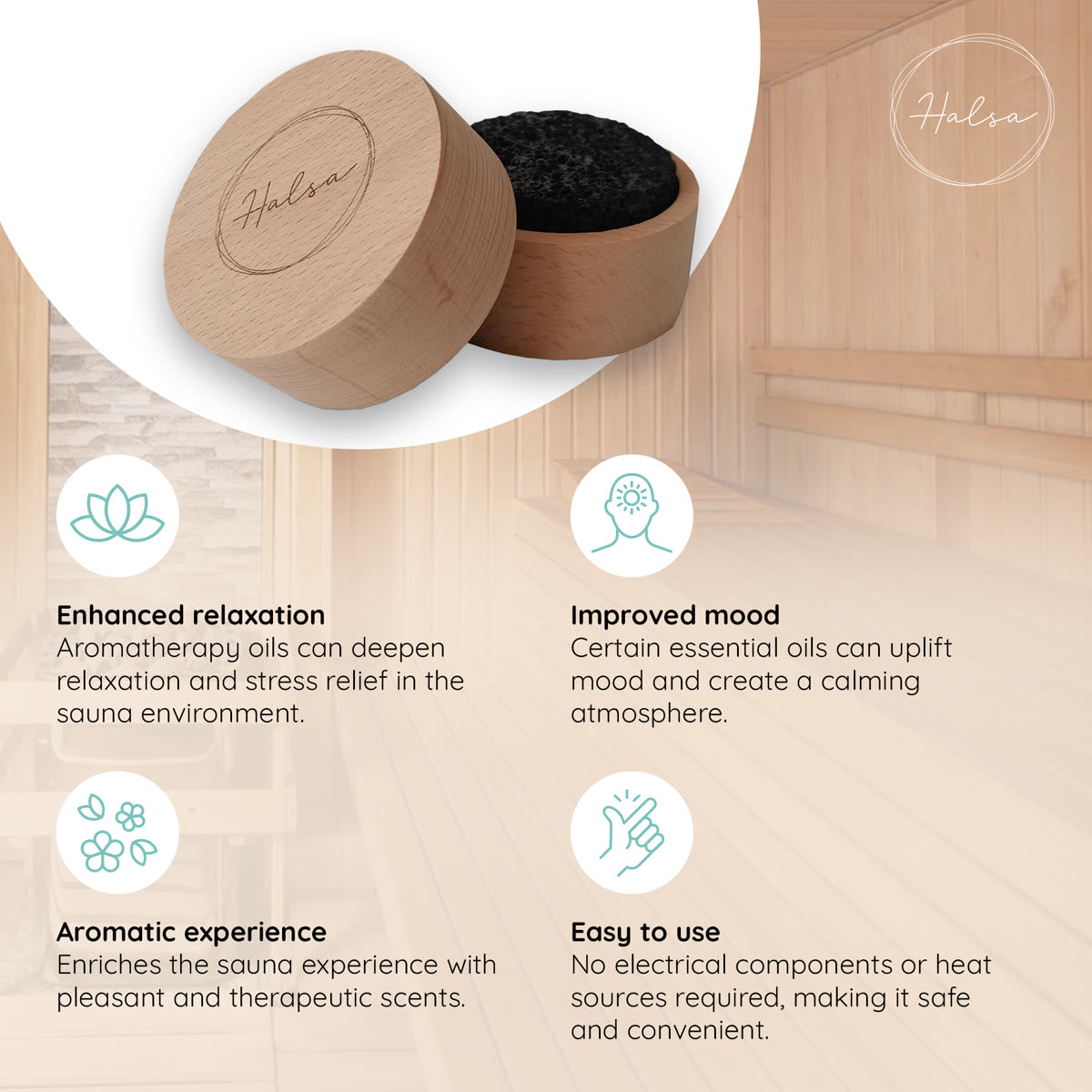 Halsa Lava Stone Aromatherapy Diffuser being worn in sauna - keeps head cool