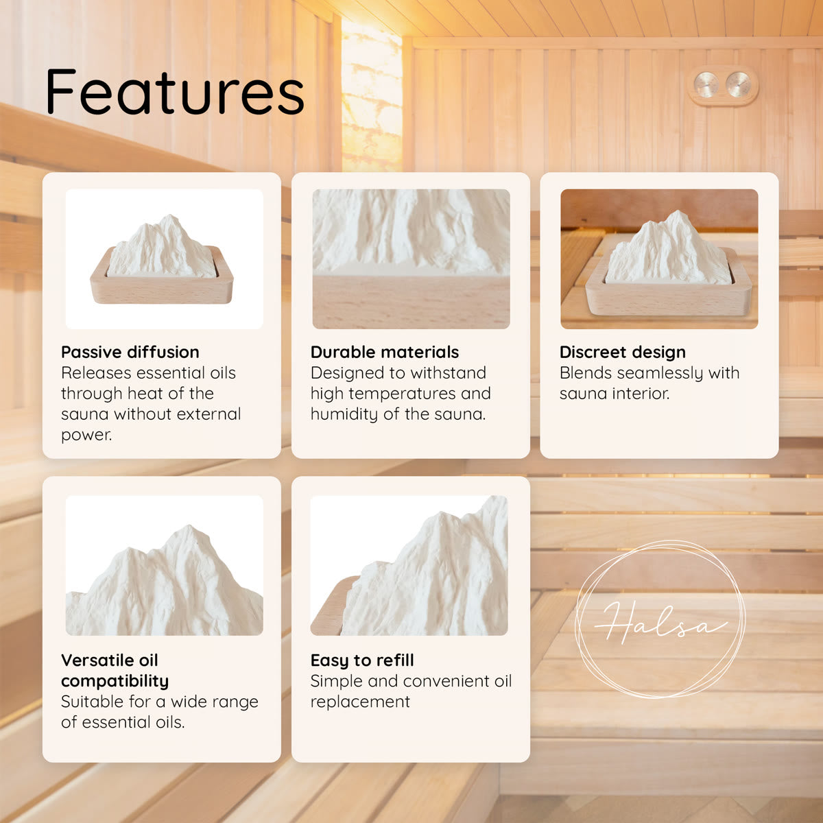 Halsa mountain shaped diffuser in sauna - essential oil aromatherapy