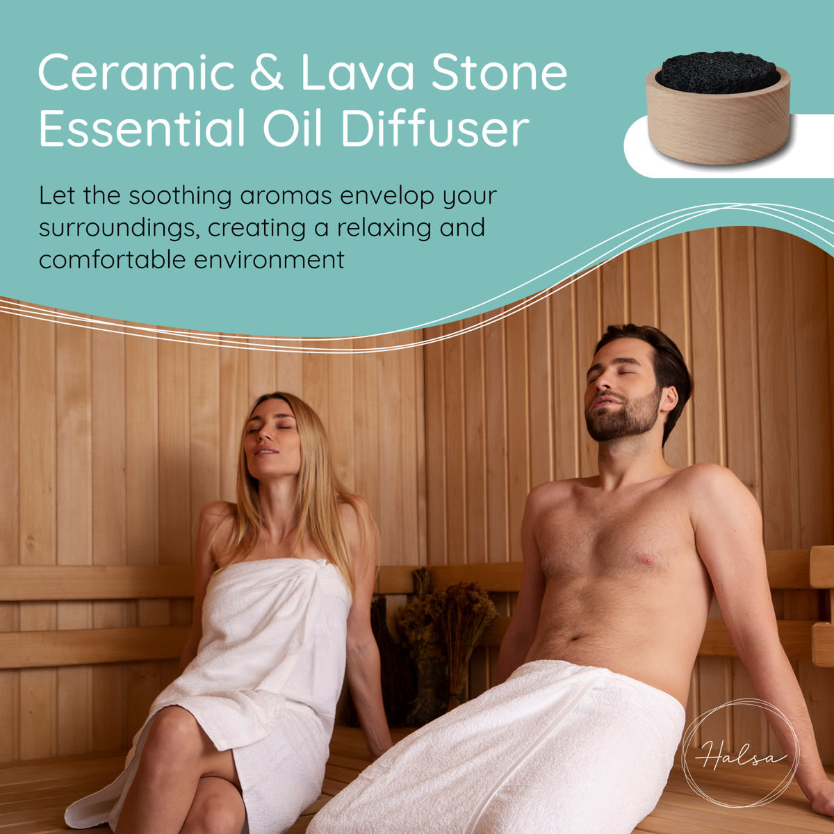 Halsa Lava Stone Aromatherapy Diffuser side angle - wool felt sauna cap