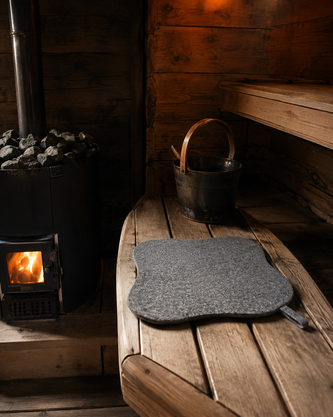 Halsa Wool Sauna Bench Pad on cedar bench in a sauna interior