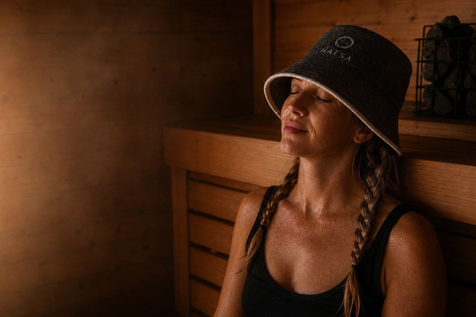Woman relaxing in cedar sauna wearing Halsa wool sauna hat1621243260e1af0c20-0