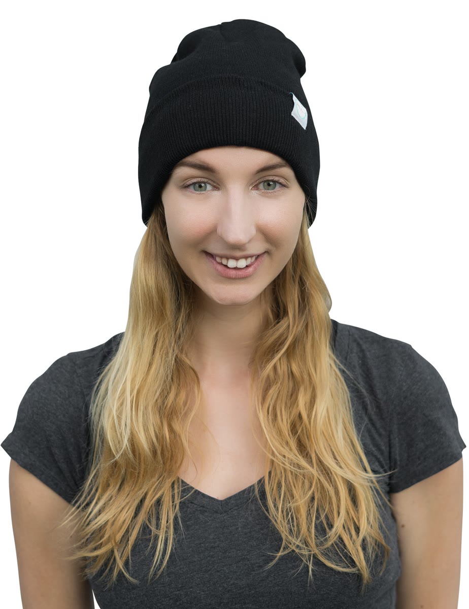 EMF protection Black beanie close-up showing silver fiber lining